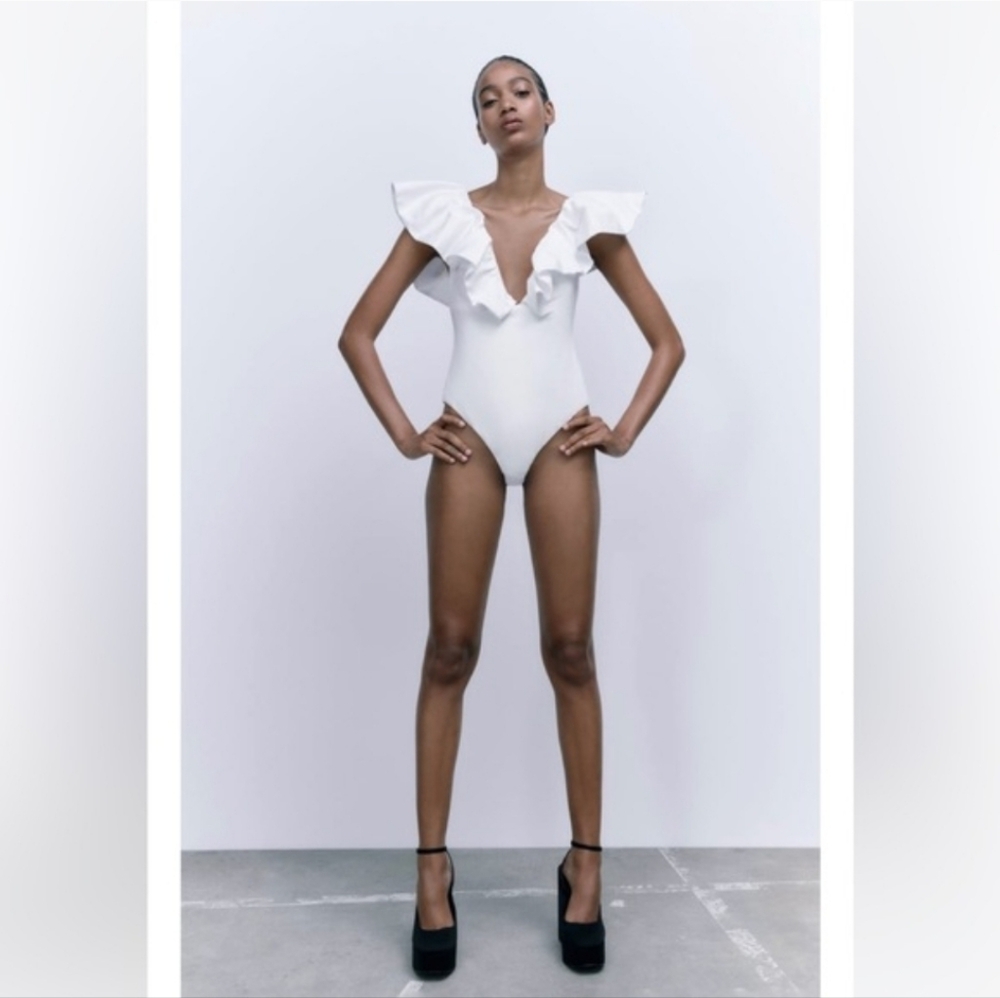 Zara White Ruffled Bodysuit